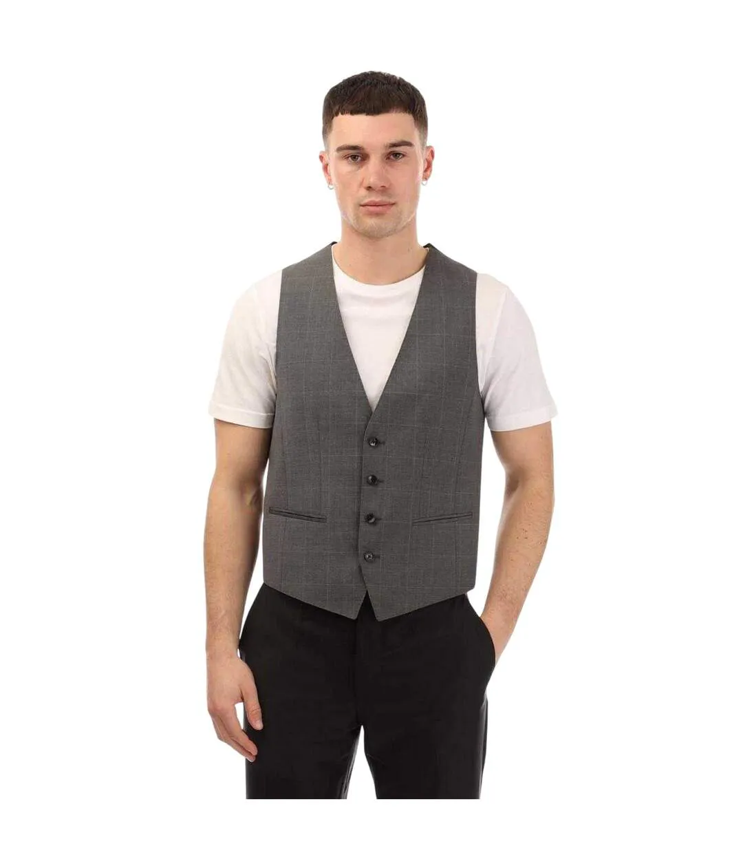 Mens Huge 6 Checked Virgin Wool Waistcoat Grey Boss-1