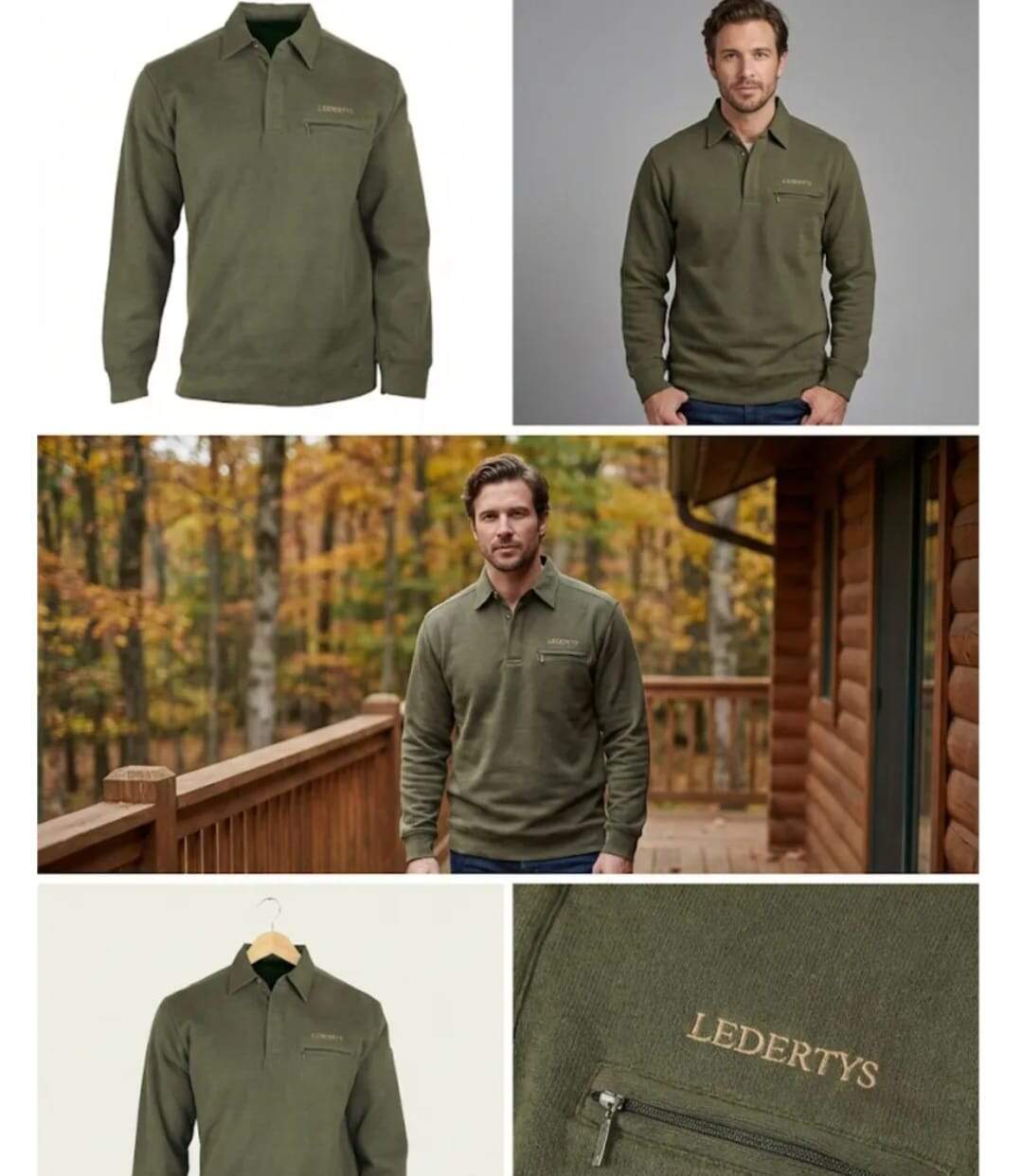 Sweat-shirt Col Polo Homme Ledertys Kaki LY0609-3