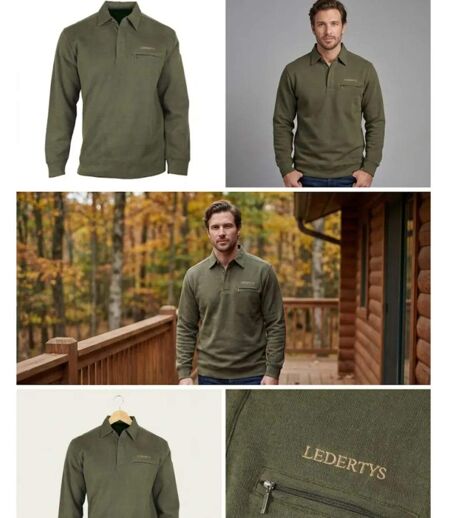 Sweat-shirt Col Polo Homme Ledertys Kaki LY0609