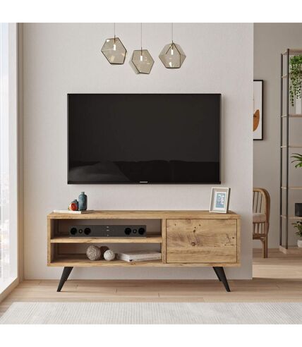 Meuble TV avec 2 niches de rangement ouvertes et une porte abattante en panneaux de particule