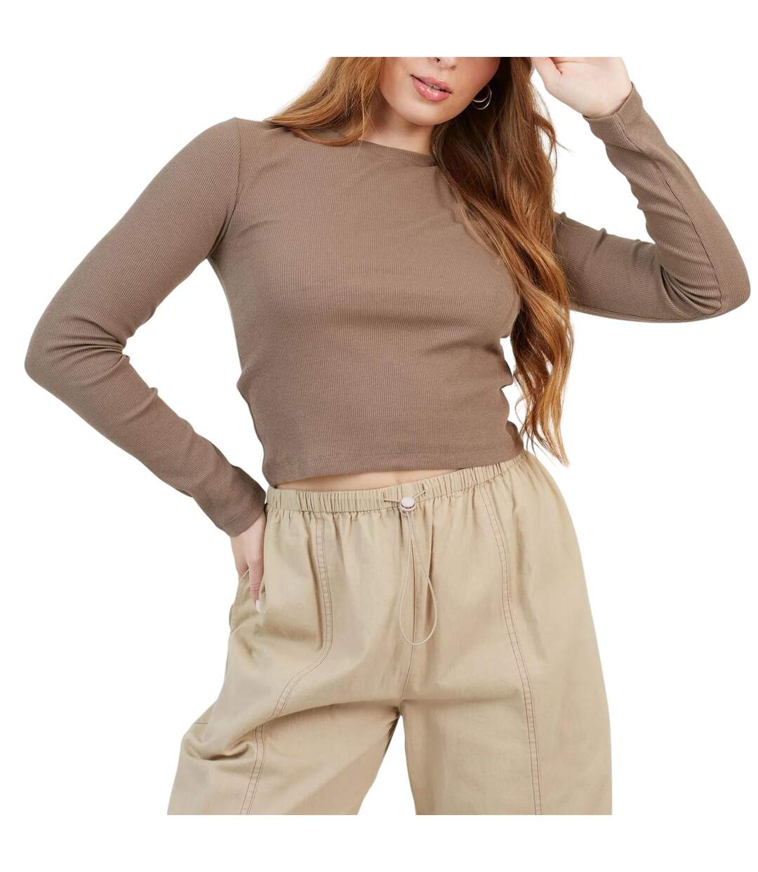 Womens/ladies Ribbed Long-sleeved Crop Top Mushroom Brave Soul-2