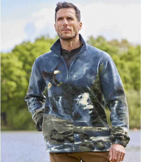 Men's Blue Eagle Print Fleece Jacket - Full-Zip