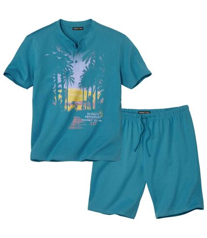 Men's Blue Pyjama Short Set - Sunset Print