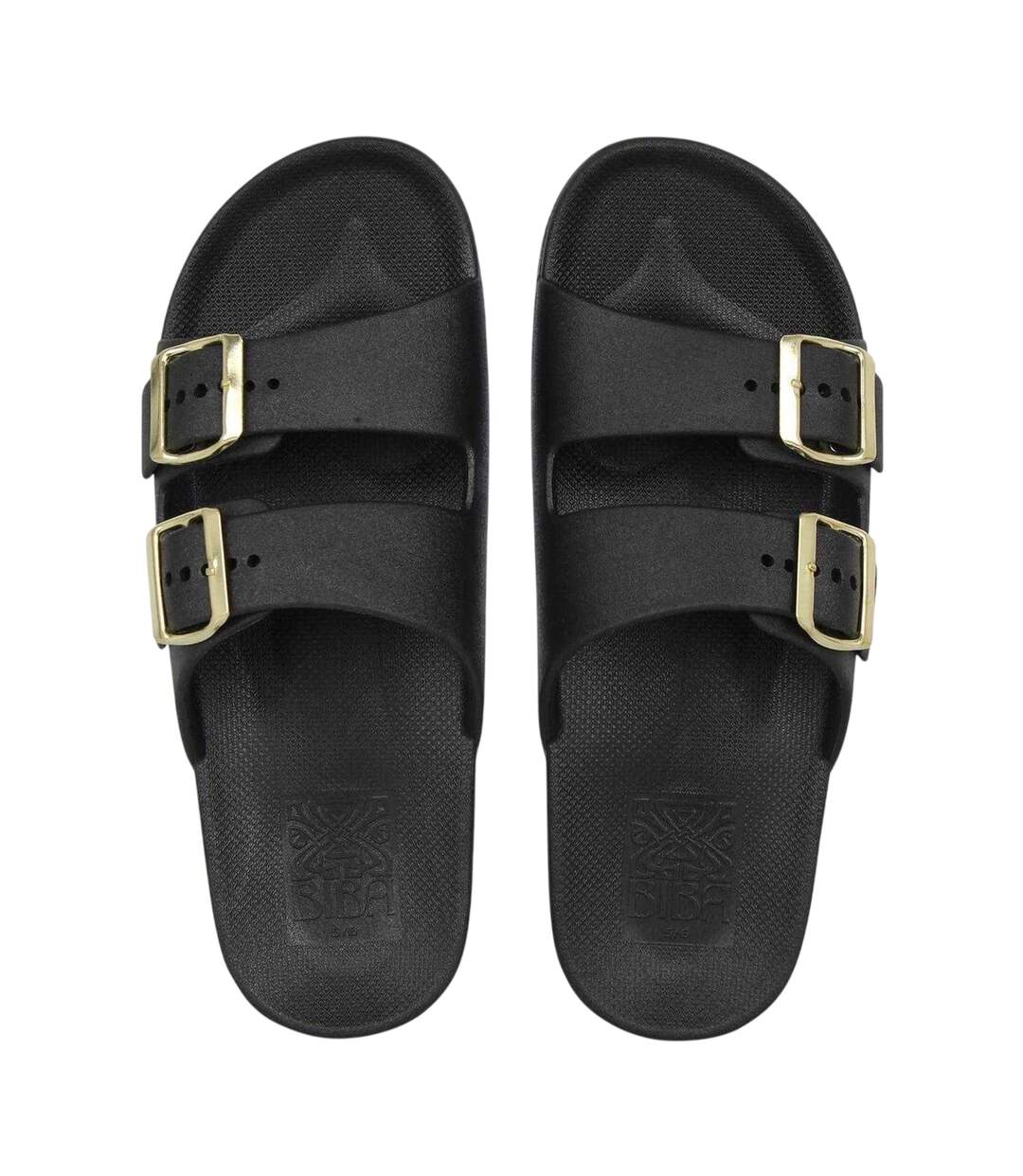 Womens/ladies Double Buckle Flat Sliders Black Biba-4