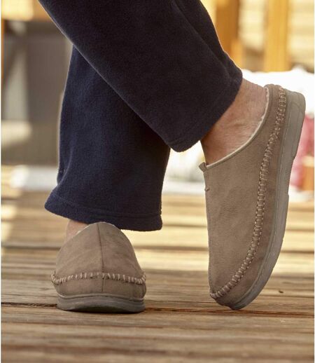 Men’s Brown Sherpa-Lined Faux-Suede Slippers