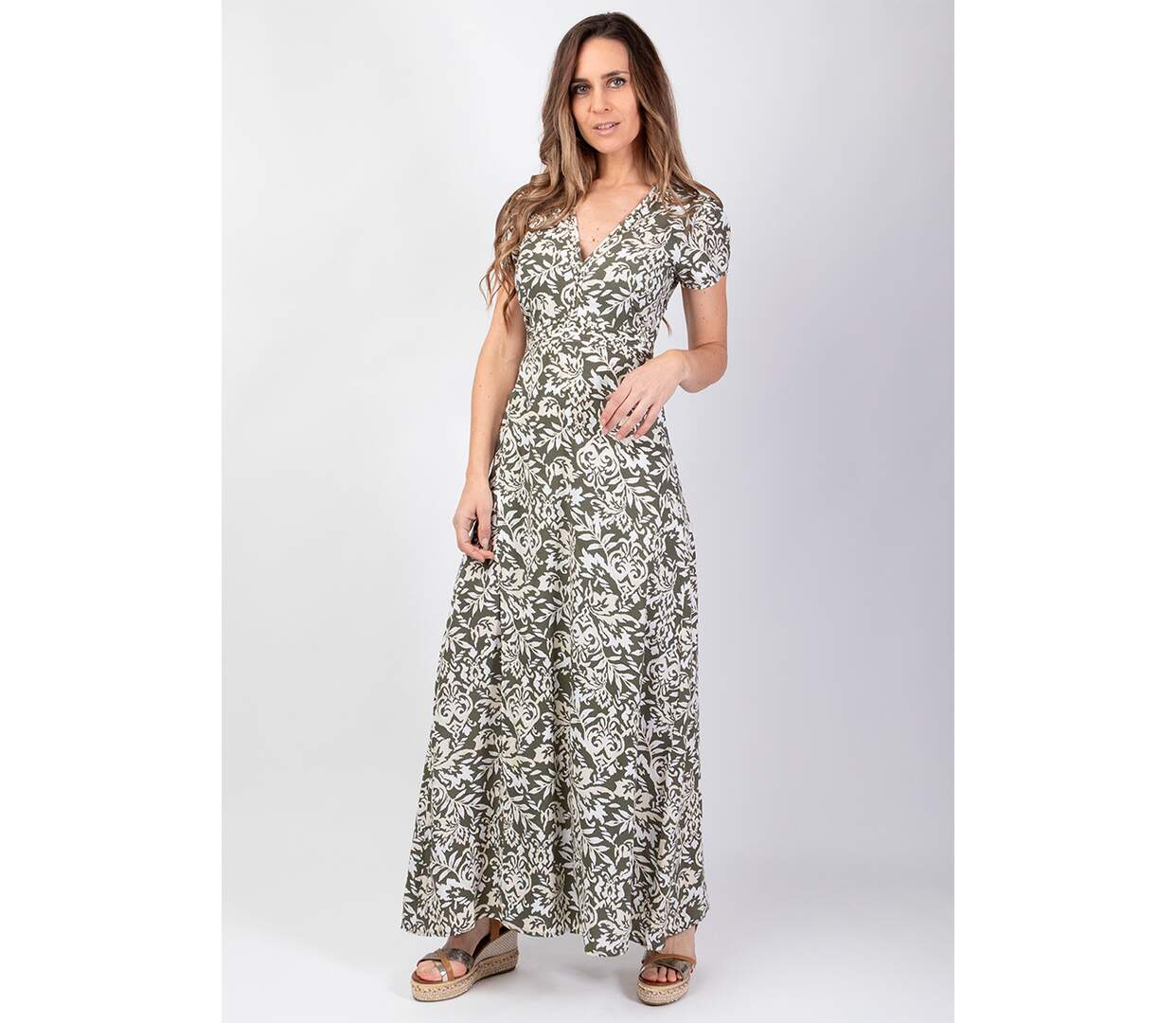 Robe longue manches courtes  MARBELLA kaki et beige Coton Du Monde-2