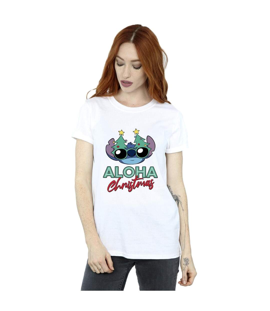 Disney Womens/Ladies Lilo And Stitch Christmas Tree Shades Coton Boyfriend T-Shirt (Blanc) - UTBI29989-2