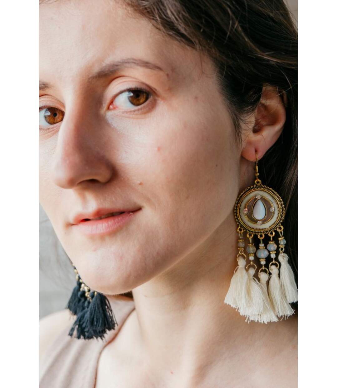 Long Round Enamel White Tassel Indian Boho Drop Ethnic Dangle Bridal Earring-4