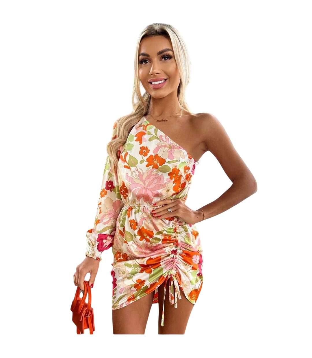 Womens/ladies Floral Ruched Side One Sleeve Mini Dress Multicoloured AX Paris-4