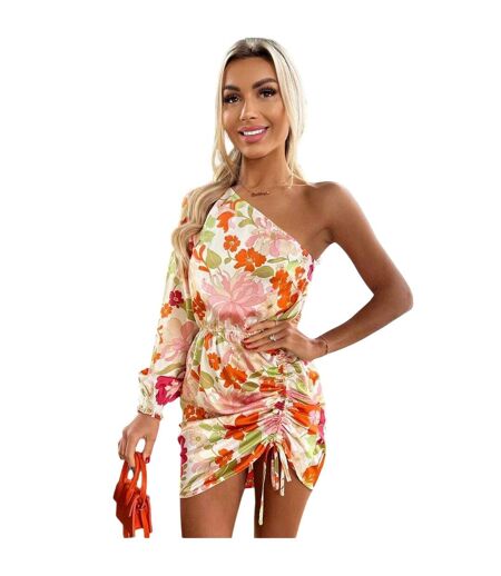 Womens/ladies Floral Ruched Side One Sleeve Mini Dress Multicoloured AX Paris