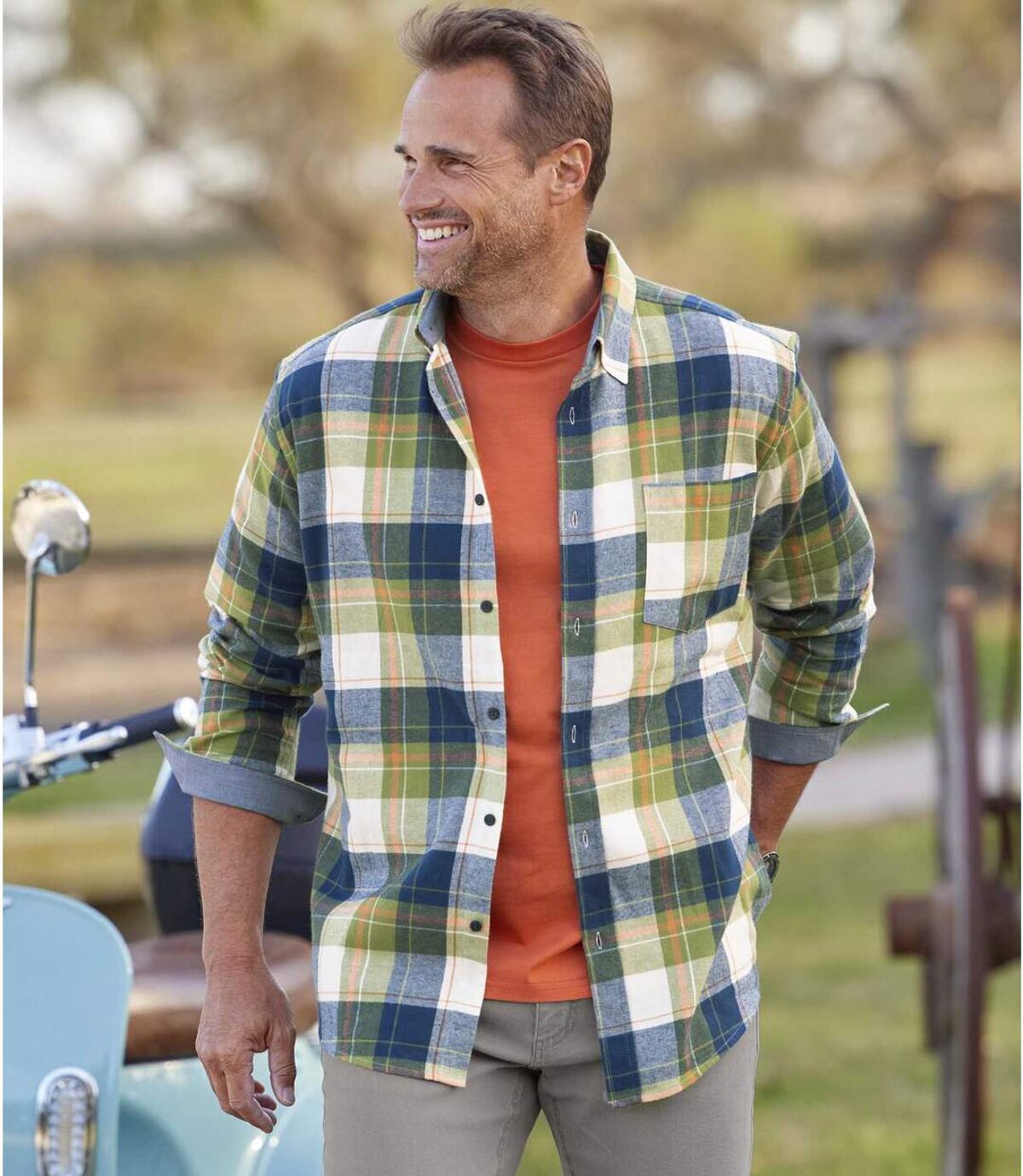 Men's Checked Flannel Shirt - Navy Green Atlas For Men