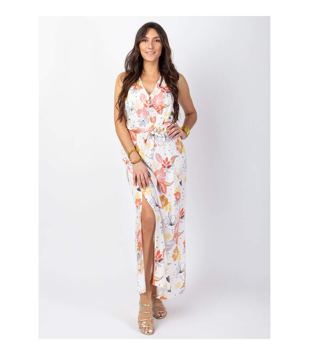 Robe longue fendue chic MELINDA cache-cœur imprimé floral blanc Coton Du Monde