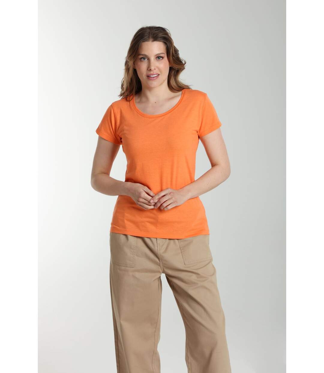 Tee shirt col rond manches courtes femme Marine Corail Rose(Orange) | Gerard Pasquier-3