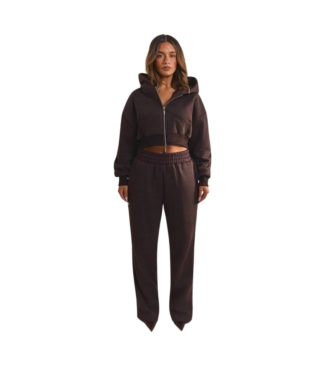 Womens/ladies Classics Cropped Full Zip Hoodie Chocolate Brown Mars The Label-4
