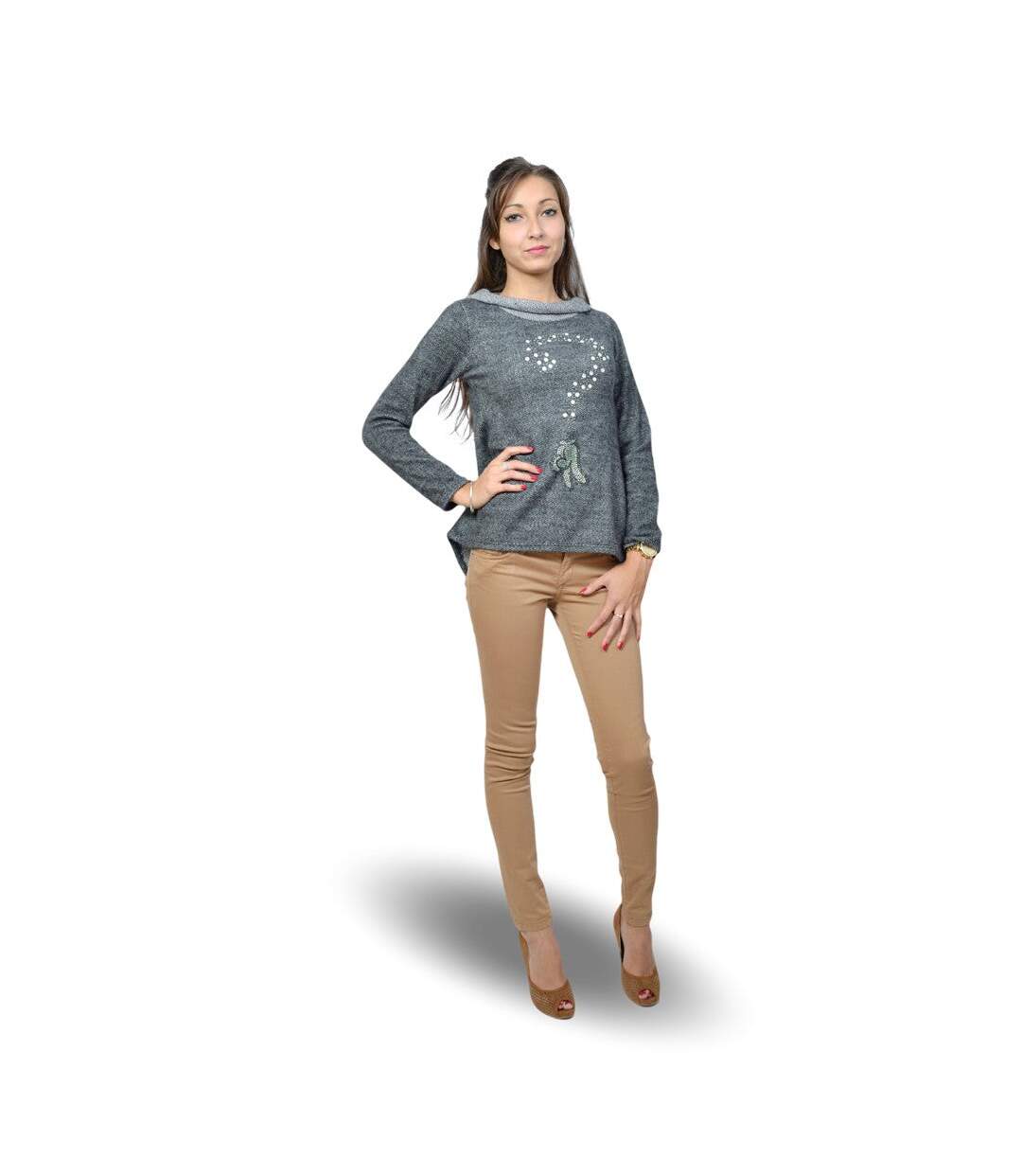 Pull femme manches longues de couleur gris col boule-5