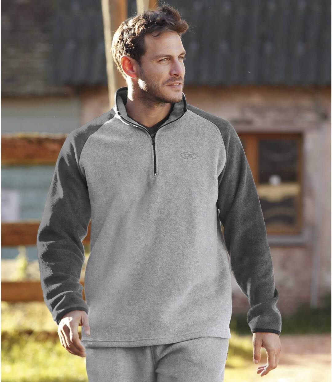 Men's Half Zip Fleece Sweater - Two Tone Mottled Grey