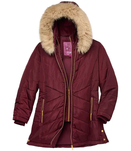Burgundy Padded Jacket with Faux-Fur Hood