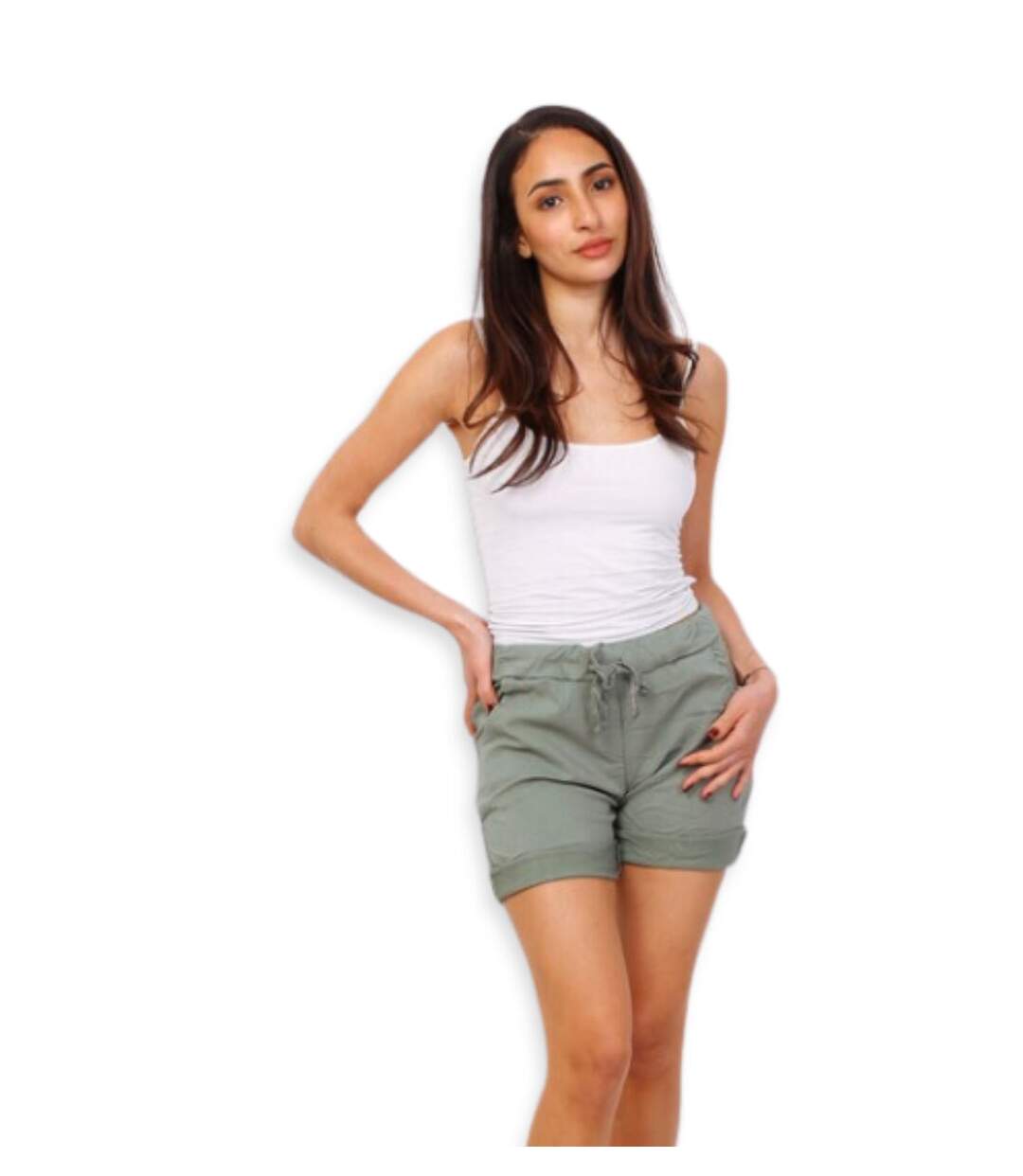 Short court femme décontracté en toile - Cordon taille - Couleur Kaki-1