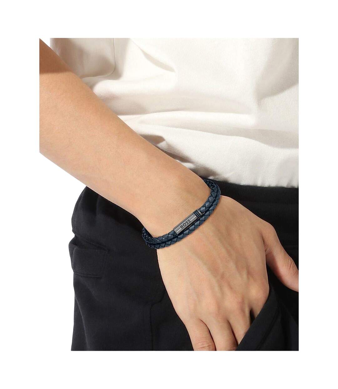 Mens Ares Leather Braided Bracelet One Size Blue Boss-4
