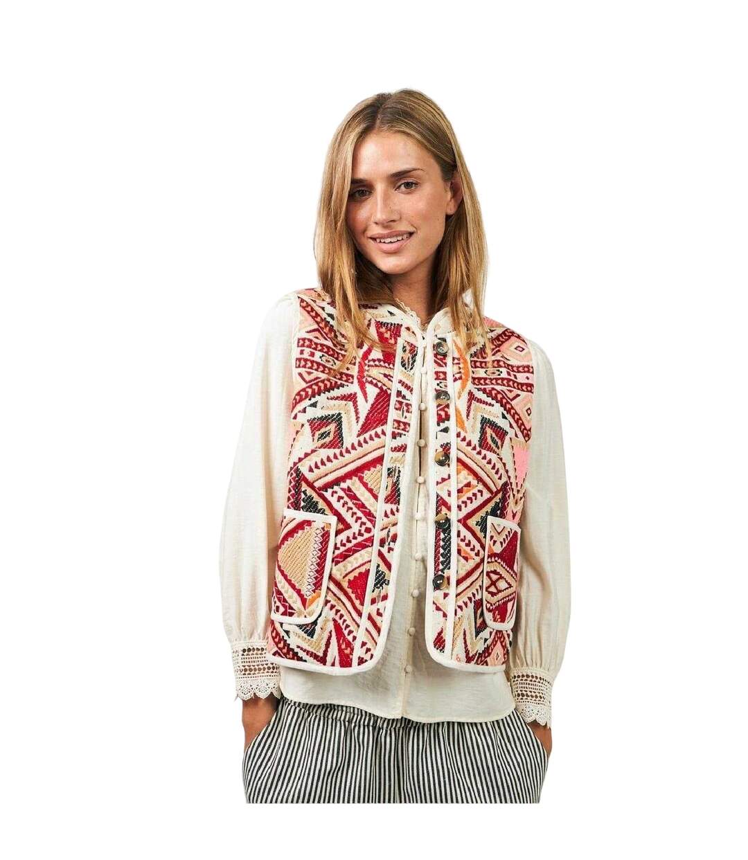 Womens/ladies Geometric Pattern Regular Waistcoat Red Lollys Laundry-4