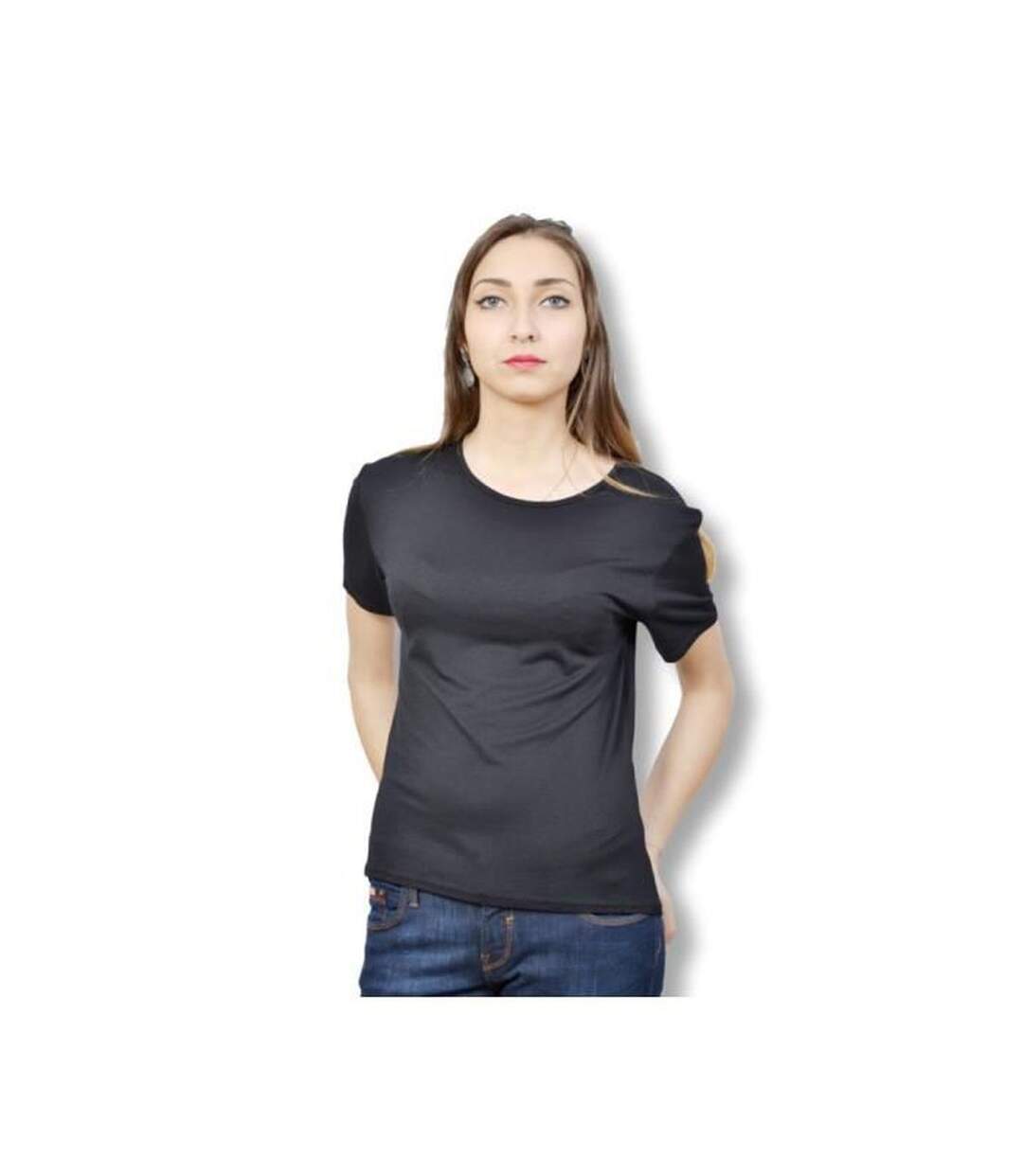 Tee shirt femme manches courtes de couleur noir col rond-1