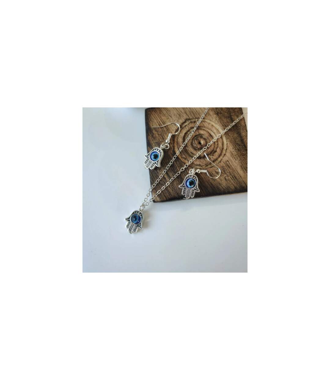 Hamsa Evil Eye Fatima Hand Dangle Drop Necklace and Earrings-1