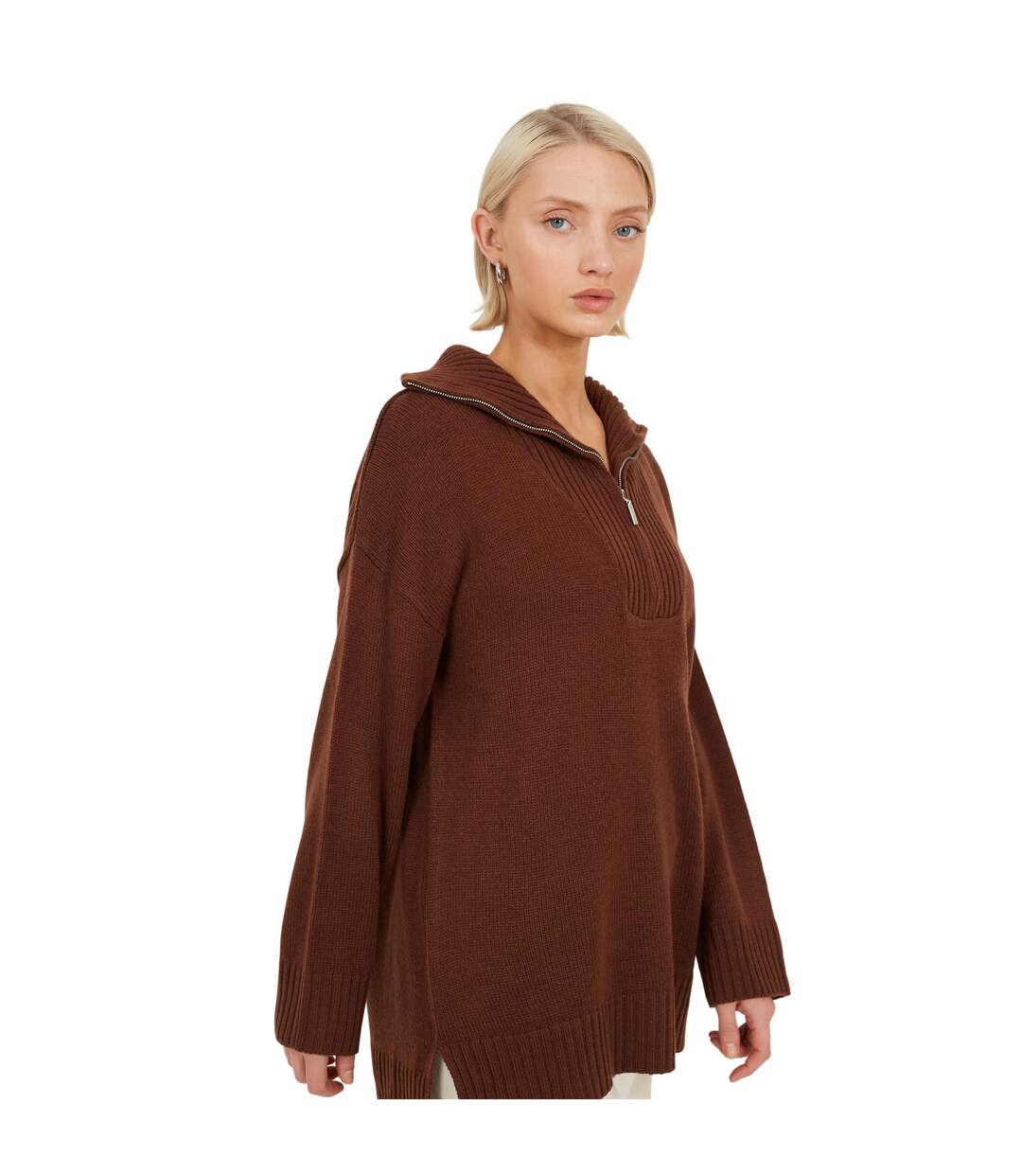 Pull Motif/style Zippé Fashion Femme Marron Chocolat Brave Soul-1