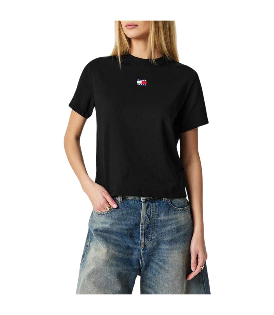Womens/ladies Embroidered Logo Cotton Cropped T-shirt Black Tommy Jeans-3
