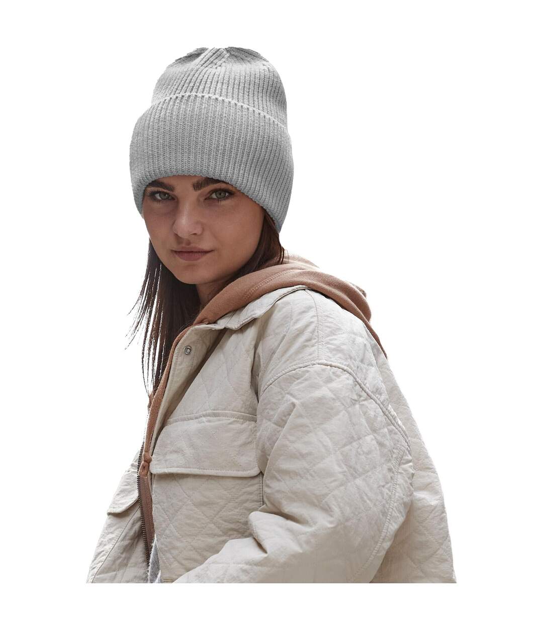 Bonnet Oversize À Manchettes Gris Clair Beechfield-3