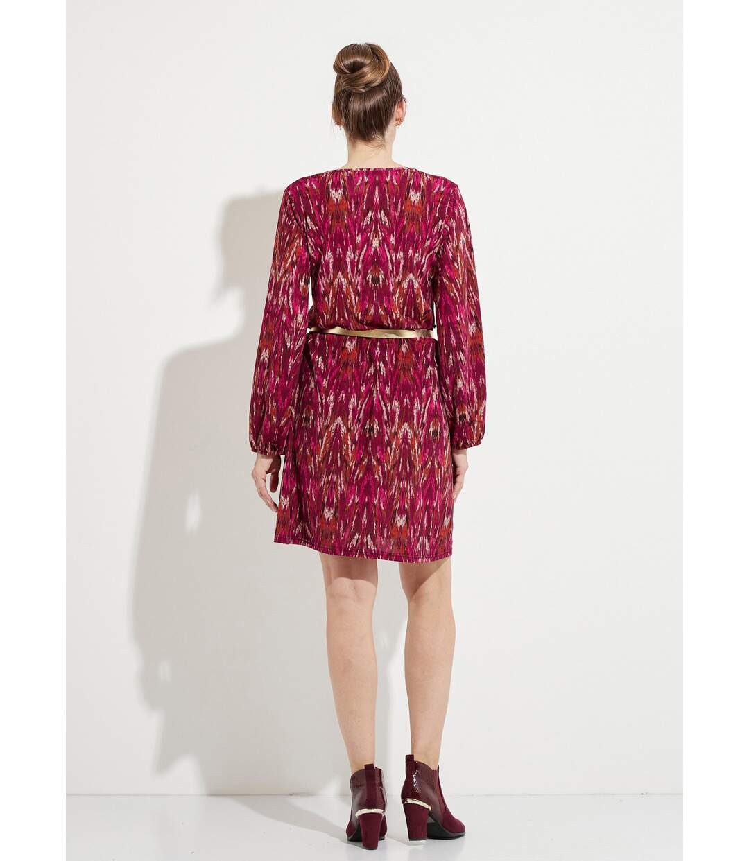 Robe courte imprimée col V manches longues-2