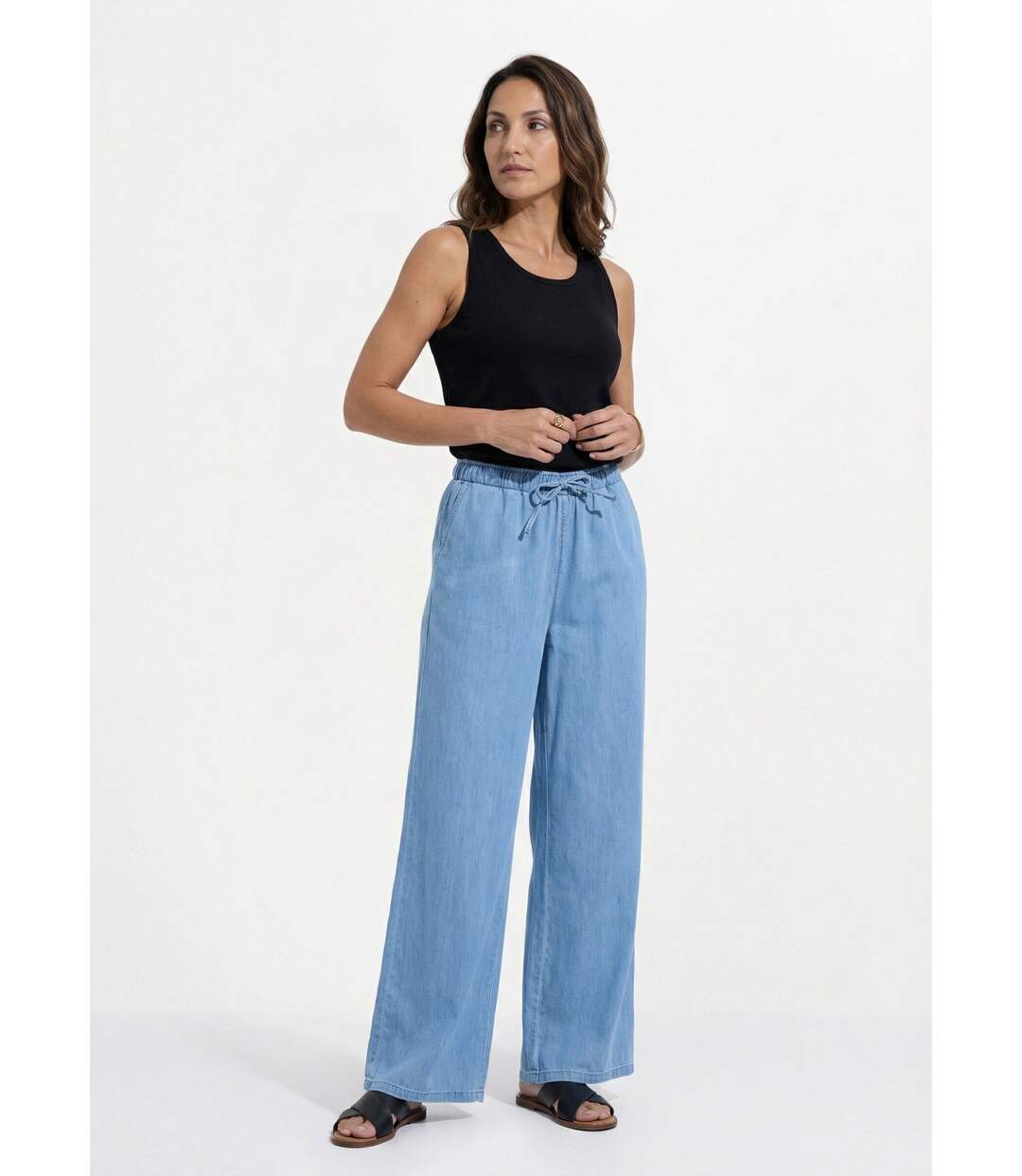 Pantalon large taille élastiquée denim léger-3