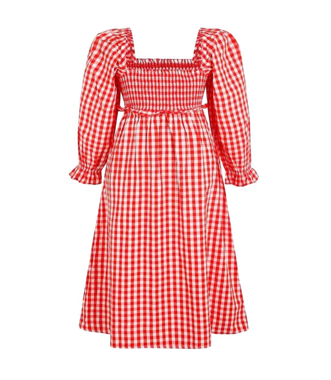 Robe Mi-longue Manches Longues Motif/style À Carreaux Femme Rouge Blanc Miso-2