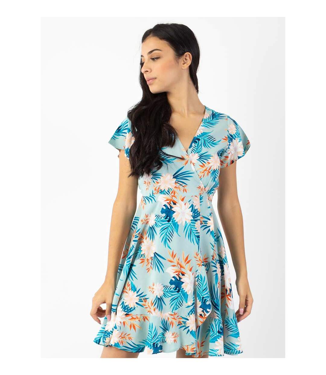 Robe courte MARIKA fluide cache-cœur imprimé fleurs exotiques Coton Du Monde