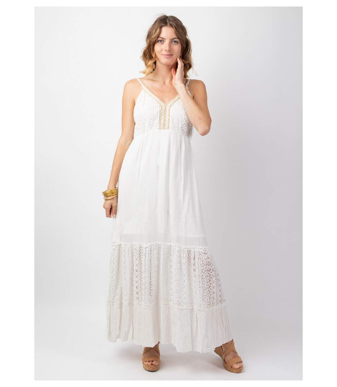 Robe longue bohème chic à dentelle TIARA blanche Coton Du Monde-2