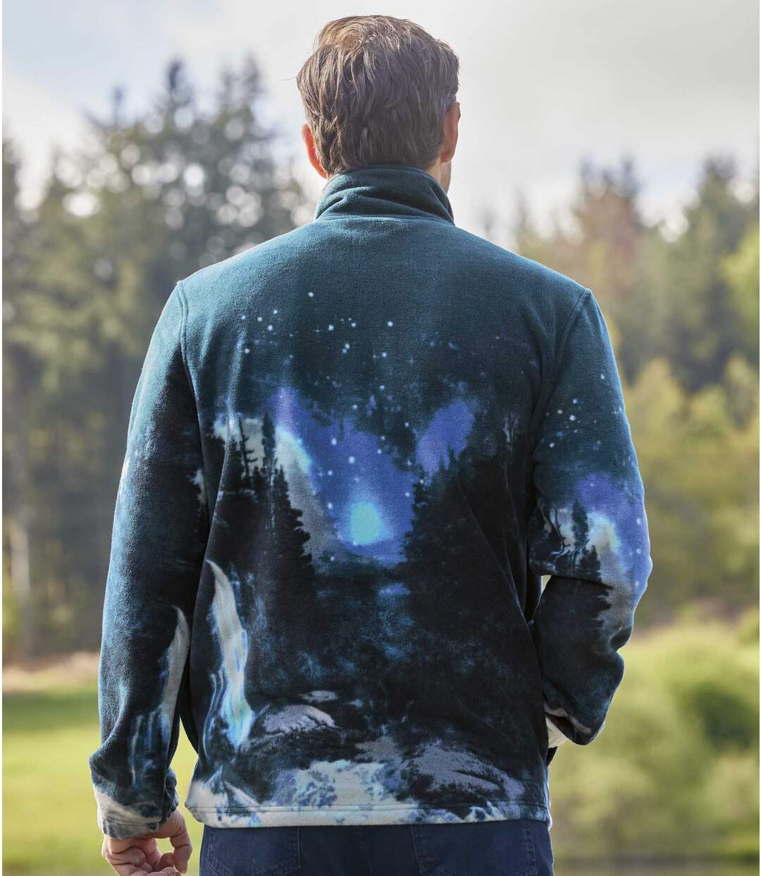 Men's Blue Wolf Print Fleece Jacket - Full Zip Atlas For Men