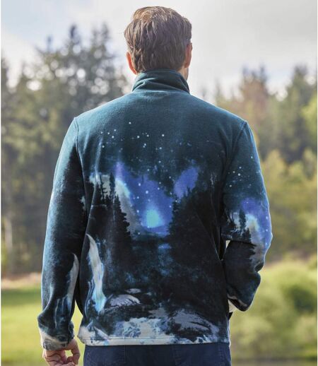 Men's Blue Wolf Print Fleece Jacket - Full Zip