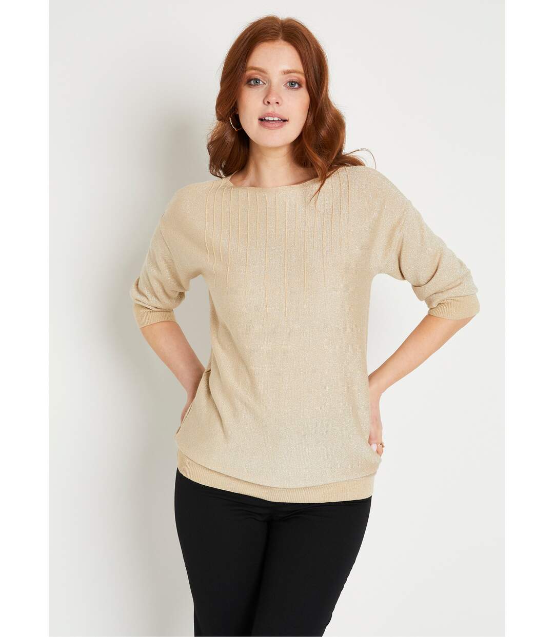 Pull mi-long uni brillant manches 3/4 col bateau-1