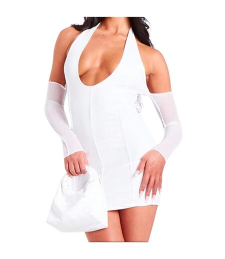 Womens/ladies Halter Neck Mesh Sleeve Mini Dress Ivory Missy Empire