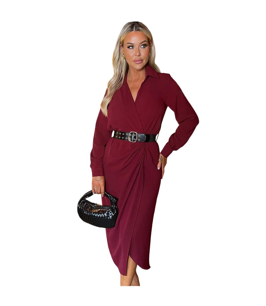 Womens/ladies Polyester Belted Wrap Dress Wine AX Paris-2