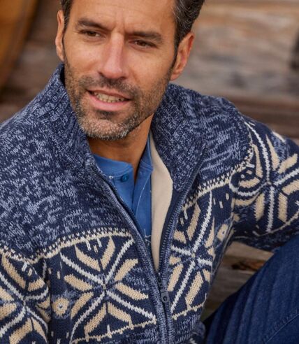 Men's Fleece-Lined Knitted Jacket - Mottled Blue Beige