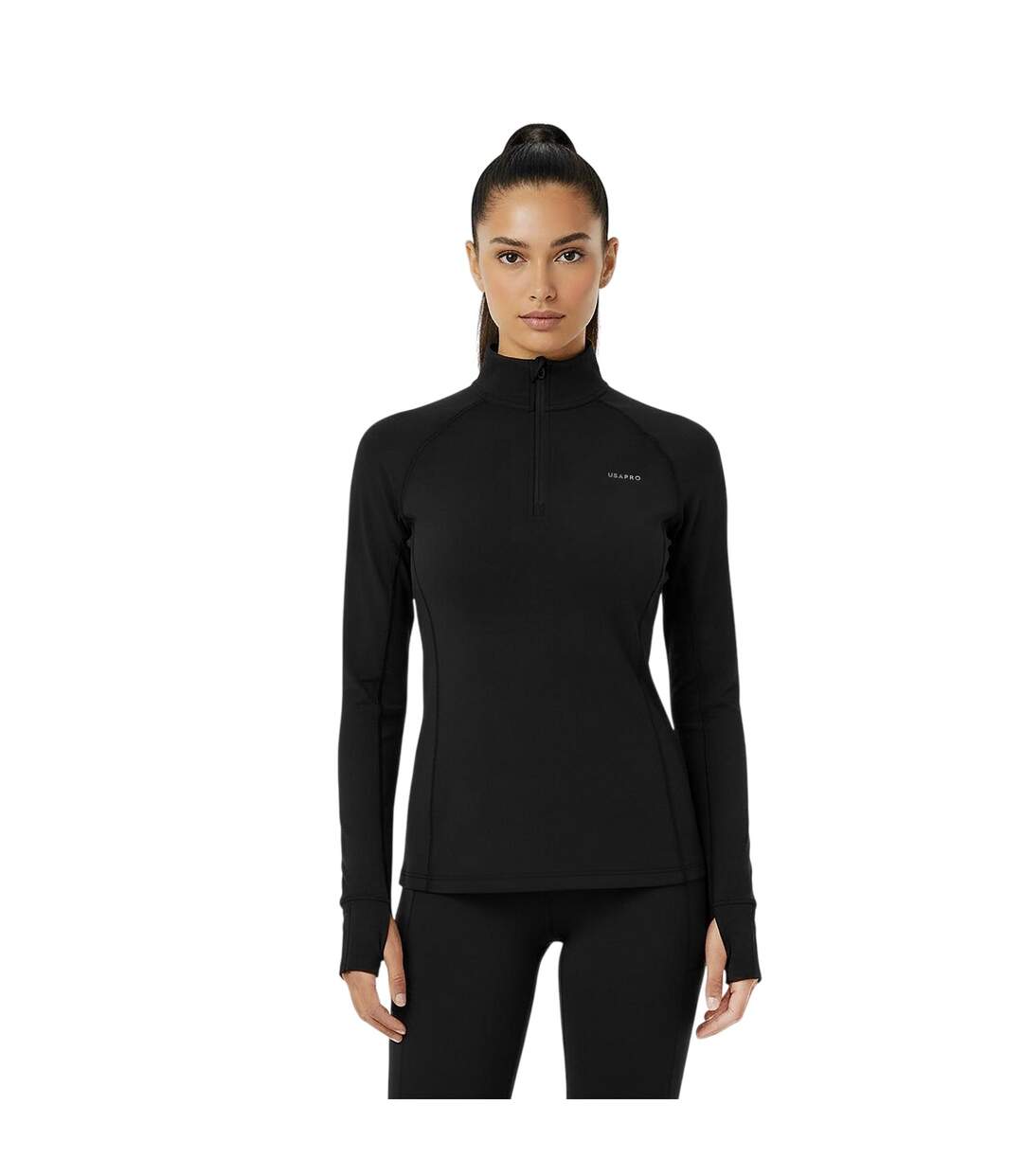 Womens/ladies Plain Long-sleeved Base Layer Top Black USA-4