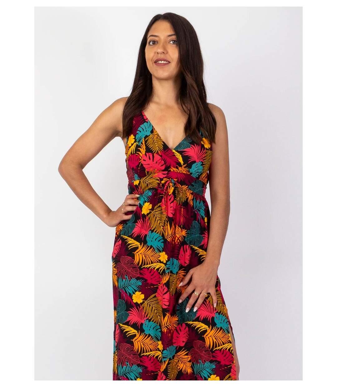 Robe longue fluide GLORIA fines bretelles imprimé tropical Coton Du Monde