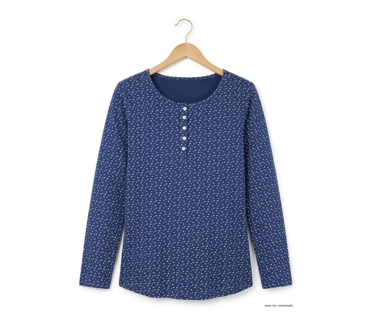 MAYFLOWER NOBEL3 : Tee-shirt manches longues bleu imprimé avec col rond boutonné-2