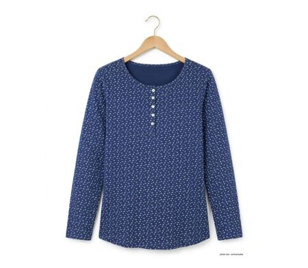 MAYFLOWER NOBEL3 : Tee-shirt manches longues bleu imprimé avec col rond boutonné