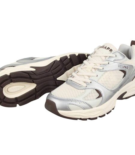 Womens/ladies Pro Mira Synthetic Leather Trainers Camel Silver USA Pro