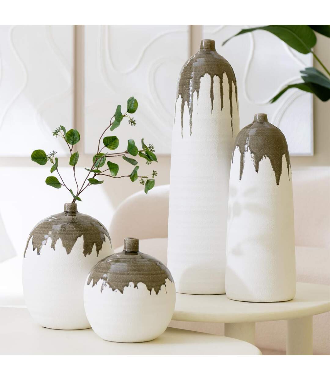 Vase Bouteille en Argile Olea 47cm Blanc & Vert-4