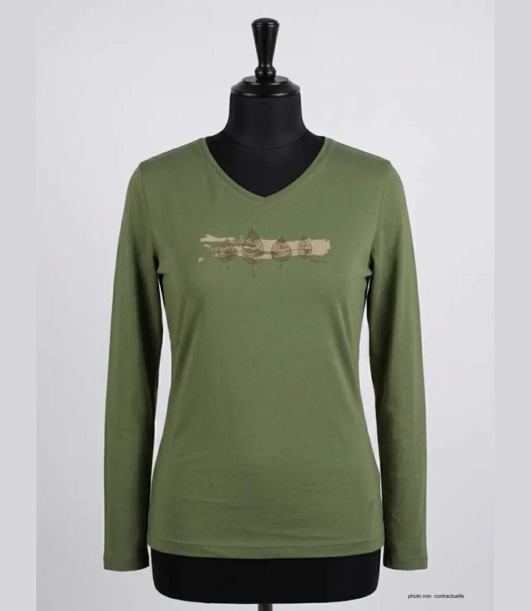 Mayflower NERVAL4 : Tee-shirt femme manches longues vert olive avec petit col V-3