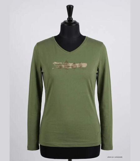 Mayflower NERVAL4 : Tee-shirt femme manches longues vert olive avec petit col V