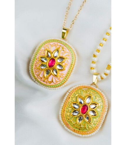 Colourful Floral Indian Meenakari Kundan Pearl Ethnic Enamel Pendant Necklace