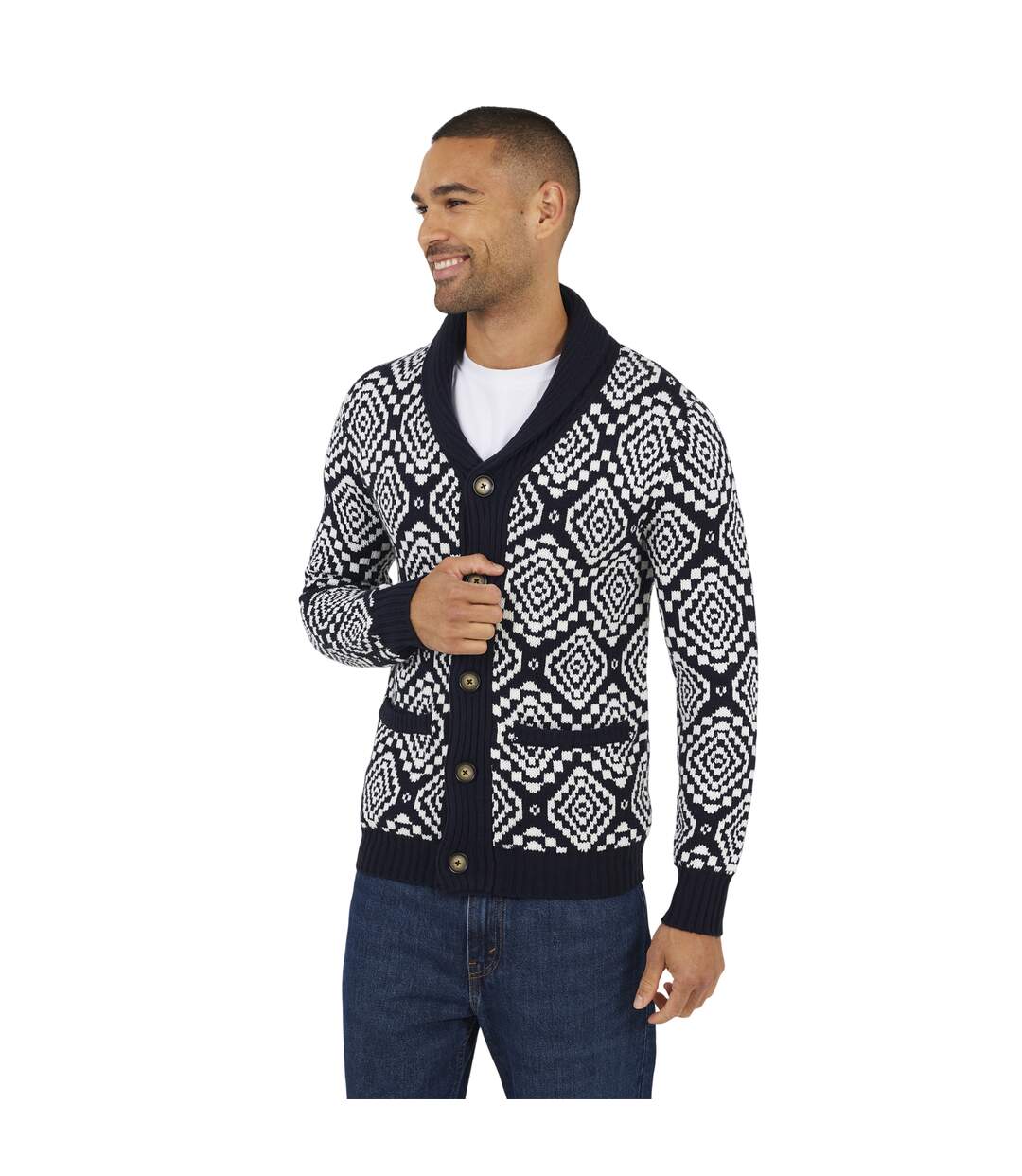 Mens Shawl Collar Cardigan Midnight Navy Oatmeal Brave Soul-2